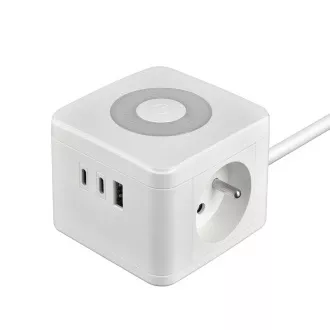 Síťový adaptér VIKING YC23L, bílá/Output:2xAC,1xUSB-A,2xUSB-C/dotykové světlo/1,4m kabel