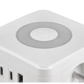 Síťový adaptér VIKING YC23L, bílá/Output:2xAC,1xUSB-A,2xUSB-C/dotykové světlo/1,4m kabel