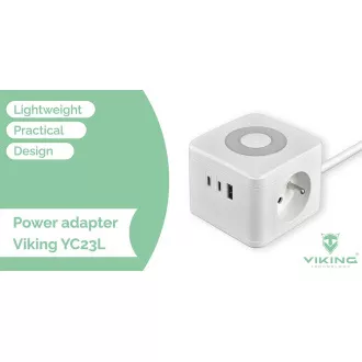 Síťový adaptér VIKING YC23L, bílá/Output:2xAC,1xUSB-A,2xUSB-C/dotykové světlo/1,4m kabel
