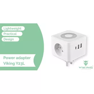 Síťový adaptér VIKING Y23L, bílá/Output:2xAC,1xUSB-A,2xUSB-C/dotykové LED světlo