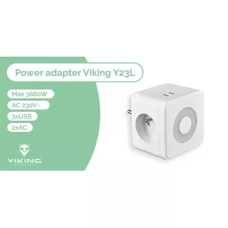 Síťový adaptér VIKING Y23L, bílá/Output:2xAC,1xUSB-A,2xUSB-C/dotykové LED světlo