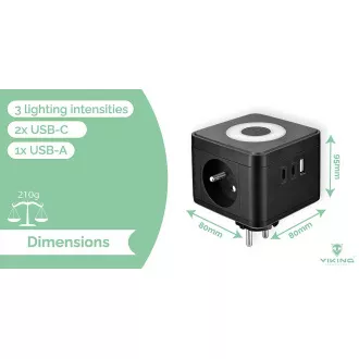 Síťový adaptér VIKING Y23L, bílá/Output:2xAC,1xUSB-A,2xUSB-C/dotykové LED světlo