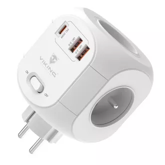 Síťový adaptér Viking AC43/Output: 4xAC, 2xUSB-A, 1xUSB-C/výkon až 3500W/ ON/OFF tlačítko