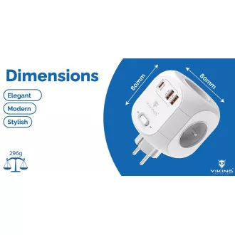 Síťový adaptér Viking AC43/Output: 4xAC, 2xUSB-A, 1xUSB-C/výkon až 3500W/ ON/OFF tlačítko