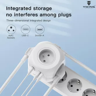 Síťový adaptér Viking AC43/Output: 4xAC, 2xUSB-A, 1xUSB-C/výkon až 3500W/ ON/OFF tlačítko