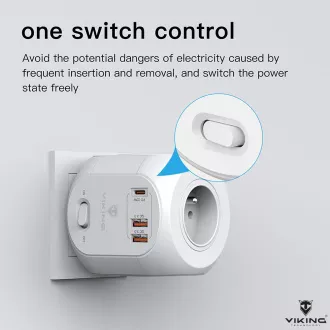 Síťový adaptér Viking AC43/Output: 4xAC, 2xUSB-A, 1xUSB-C/výkon až 3500W/ ON/OFF tlačítko
