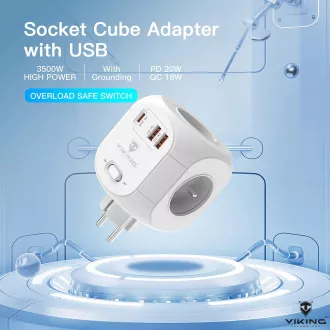 Síťový adaptér Viking AC43/Output: 4xAC, 2xUSB-A, 1xUSB-C/výkon až 3500W/ ON/OFF tlačítko