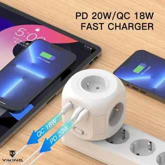 Síťový adaptér Viking AC43/Output: 4xAC, 2xUSB-A, 1xUSB-C/výkon až 3500W/ ON/OFF tlačítko