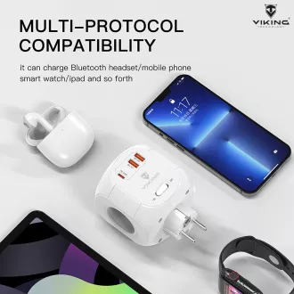 Síťový adaptér Viking AC43/Output: 4xAC, 2xUSB-A, 1xUSB-C/výkon až 3500W/ ON/OFF tlačítko