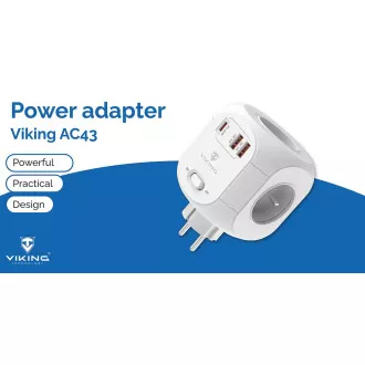 Síťový adaptér Viking AC43/Output: 4xAC, 2xUSB-A, 1xUSB-C/výkon až 3500W/ ON/OFF tlačítko