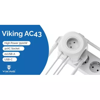 Síťový adaptér Viking AC43/Output: 4xAC, 2xUSB-A, 1xUSB-C/výkon až 3500W/ ON/OFF tlačítko