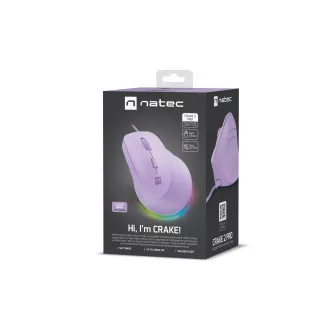 Vertikální myš Natec CRAKE 2 PRO/Vertikální/Optická/Pro praváky/12 400 DPI/Drátové USB-A/Fialová