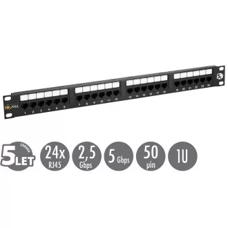 19" patch panel Solarix 24 x RJ45 CAT5E UTP 150 MHz černý 1U SX24-5E-UTP-BK 19" patch panel Solarix 24 x RJ45 CAT5E UTP 150 MHz černý 1U SX24-5E-UTP-BK