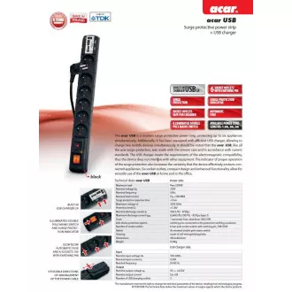 Acar USB 3m kabel 6 zásuvek 2xUSB přep.ochr.černý Acar USB 3m kabel 6 zásuvek 2xUSB přep.ochr.černý