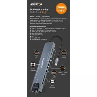 Aligator Dokovací stanice USB-C / Hub 8v1 (USB-C / 2xUSB / SD / MicroSD/ HDTV / RJ45) Aligator Dokovací stanice USB-C / Hub 8v1 (USB-C / 2xUSB / SD / MicroSD/ HDTV / RJ45)
