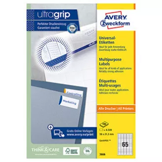 Avery Zweckform etikety 38 x 21.2 mm, A4, bílé, 65 etiket, baleno po 100 ks, 3666, pro laserové a inkoustové tiskárny, kopírky