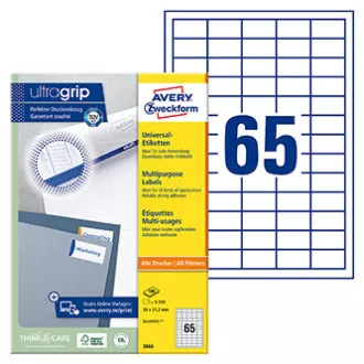 Avery Zweckform etikety 38 x 21.2 mm, A4, bílé, 65 etiket, baleno po 100 ks, 3666, pro laserové a inkoustové tiskárny, kopírky