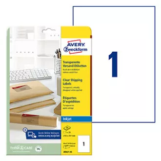 Avery Zweckform etikety 210mm x 297mm, A4, průhledné, transparentní, 1 etiketa, na balíky, baleno po 25 ks, J8567-25, pro inkousto