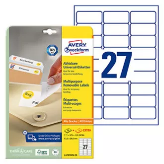 Avery Zweckform etikety 63.5mm x 29.6mm, A4, bílé, 27 etiket, odnímatelná, baleno po 25 ks, L4737REV-25, pro laserové a inkoustové