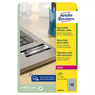 Avery Zweckform etikety 45.7mm x 21.2mm, A4, stříbrné, 48 etiket, velmi odolné, baleno po 20 ks, L6009-20, pro laserové tiskárny Avery Zweckform etikety 45.7mm x 21.2mm, A4, stříbrné, 48 etiket, velmi odolné, baleno po 20 ks, L6009-20, pro laserové tiskárny