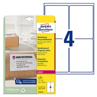 Avery Zweckform etikety 99.1mm x 139mm, A4, bílé, 1 etiketa, voděodolné, baleno po 25 ks, L7994-25, pro laserové tiskárny