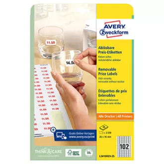 Avery Zweckform cenovky 26mm x 16mm, A4, bílé, 102 etiket, snímatelné, baleno po 25 ks, L3410REV-25, pro laserové a inkoustové tis