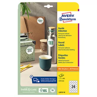Avery Zweckform etikety 40mm, A4, bílé, 24 etiket, baleno po 10 ks, L3415-10, pro laserové a inkoustové tiskárny, kopírky Avery Zweckform etikety 40mm, A4, bílé, 24 etiket, baleno po 10 ks, L3415-10, pro laserové a inkoustové tiskárny, kopírky