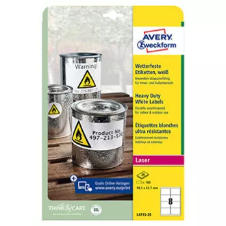 Avery Zweckform etikety 99.1mm x 67.7mm, A4, matné, bílé, 8 etiket, velmi odolné, baleno po 20 ks, L4715-20, pro laserové tiskárny