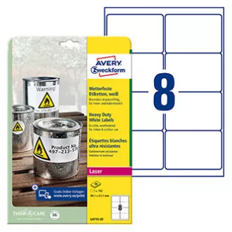 Avery Zweckform etikety 99.1mm x 67.7mm, A4, matné, bílé, 8 etiket, velmi odolné, baleno po 20 ks, L4715-20, pro laserové tiskárny