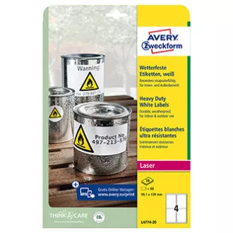 Avery Zweckform etikety 99.1mm x 139mm, A4, matné, bílé, 4 etikety, velmi odolné, baleno po 20 ks, L4774-20, pro laserové tiskárny Avery Zweckform etikety 99.1mm x 139mm, A4, matné, bílé, 4 etikety, velmi odolné, baleno po 20 ks, L4774-20, pro laserové tiskárny