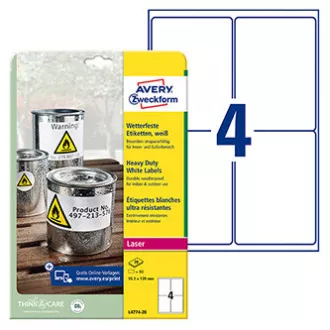 Avery Zweckform etikety 99.1mm x 139mm, A4, matné, bílé, 4 etikety, velmi odolné, baleno po 20 ks, L4774-20, pro laserové tiskárny Avery Zweckform etikety 99.1mm x 139mm, A4, matné, bílé, 4 etikety, velmi odolné, baleno po 20 ks, L4774-20, pro laserové tiskárny