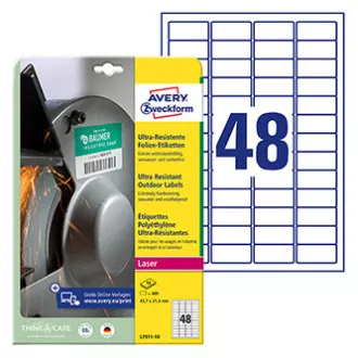 Avery Zweckform etikety 45.7mm x 21.2mm, A4, bílé, 48 etiket, velmi odolné, baleno po 10 ks, L7911-10, pro laserové tiskárny a kop
