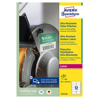 Avery Zweckform etikety 99.1mm x 42.3mm, A4, bílé, 12 etiket, velmi odolné, baleno po 40 ks, L7913-40, pro laserové tiskárny a kop Avery Zweckform etikety 99.1mm x 42.3mm, A4, bílé, 12 etiket, velmi odolné, baleno po 40 ks, L7913-40, pro laserové tiskárny a kop