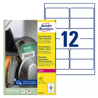 Avery Zweckform etikety 99.1mm x 42.3mm, A4, bílé, 12 etiket, velmi odolné, baleno po 40 ks, L7913-40, pro laserové tiskárny a kop Avery Zweckform etikety 99.1mm x 42.3mm, A4, bílé, 12 etiket, velmi odolné, baleno po 40 ks, L7913-40, pro laserové tiskárny a kop