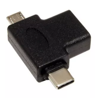 USB redukce, (2.0), USB A samice - microUSB samec + USB C samec, černá, plastic bag OTG