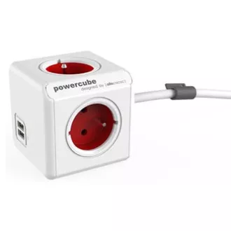 Síťový kabel 230V prodlužovací, CEE7 (vidlice) - POWERCUBE, 1.5m, EXTENDED USB, červený, POWERCUBE, 4 zásuvky, 2xUSB port,dětská p