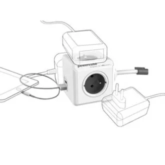 Síťový kabel 230V prodlužovací, CEE7 (vidlice) - POWERCUBE, 1.5m, EXTENDED USB, červený, POWERCUBE, 4 zásuvky, 2xUSB port,dětská p