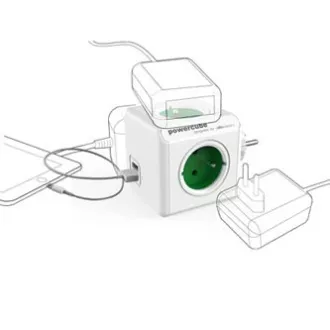 Rozbočovací zásuvka 240V, CEE7 (vidlice) - POWERCUBE, 0.1m, ORIGINAL USB, zelená, POWERCUBE, 4 zásuvky, 2xUSB porty