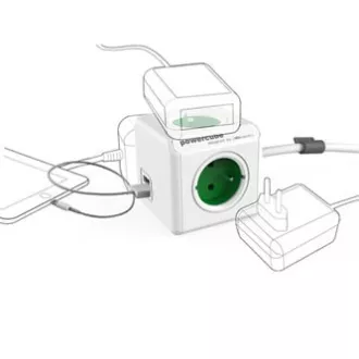 Síťový kabel 230V prodlužovací, CEE7 (vidlice) - POWERCUBE, 1.5m, EXTENDED USB, zelený, POWERCUBE, 4 zásuvky, 2xUSB port,dětská po