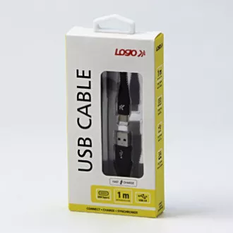 Logo USB kabel (2.0), USB A samec - USB C samec, 1m, 480 Mb/s, 5V/3A, černý, box, nylonové opletení, hliníkový kryt konektoru