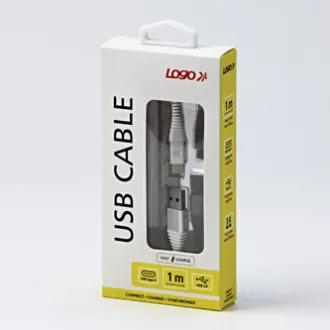 Logo USB kabel (2.0), USB A samec - USB C samec, 1m, 480 Mb/s, 5V/3A, bílý, box, nylonové opletení, hliníkový kryt konektoru