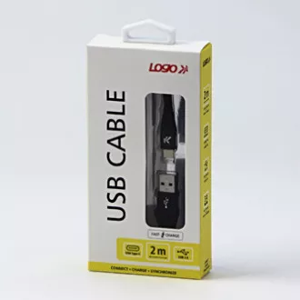 Logo USB kabel (2.0), USB A samec - USB C samec, 2m, 480 Mb/s, 5V/3A, černý, box, nylonové opletení, hliníkový kryt konektoru