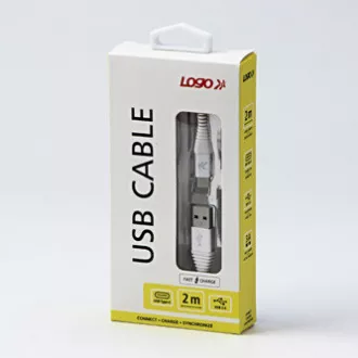 Logo USB kabel (2.0), USB A samec - USB C samec, 2m, 480 Mb/s, 5V/3A, bílý, box, nylonové opletení, hliníkový kryt konektoru