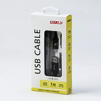 Logo USB kabel (3.2 gen 1), USB A samec - USB C samec, 1m, 5 Gb/s, 5V/3A, černý, box, nylonové opletení, hliníkový kryt konektoru