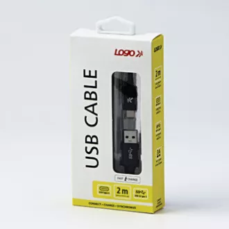 Logo USB kabel (3.2 gen 1), USB A samec - USB C samec, 2m, 5 Gb/s, 5V/3A, černý, box, nylonové opletení, hliníkový kryt konektoru
