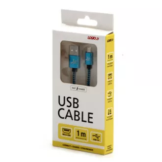 Logo USB kabel (2.0), USB A samec - microUSB samec, 1m, 480 Mb/s, 5V/2A, modrý, box, nylonové opletení, hliníkový kryt konektoru Logo USB kabel (2.0), USB A samec - microUSB samec, 1m, 480 Mb/s, 5V/2A, modrý, box, nylonové opletení, hliníkový kryt konektoru