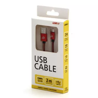 Logo USB kabel (2.0), USB A samec - microUSB samec, 1m, 480 Mb/s, 5V/2A, červený, box, nylonové opletení, hliníkový kryt konektoru