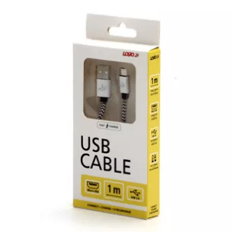 Logo USB kabel (2.0), USB A samec - microUSB samec, 1m, 480 Mb/s, 5V/2A, stříbrný, box, nylonové opletení, hliníkový kryt konektor