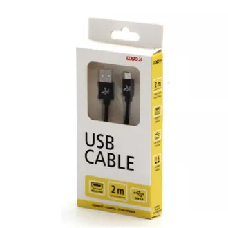 Logo USB kabel (2.0), USB A samec - microUSB samec, 2m, 480 Mb/s, 5V/1A, černý, box, nylonové opletení, hliníkový kryt konektoru