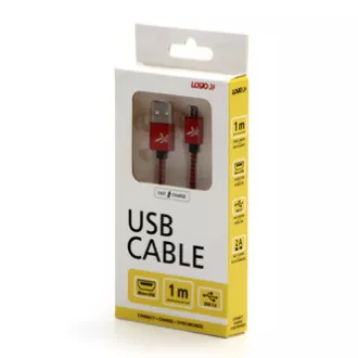Logo USB kabel (2.0), USB A samec - microUSB samec, 2m, 480 Mb/s, 5V/1A, červený, box, nylonové opletení, hliníkový kryt konektoru